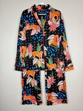Room Service Tiger Novelty Print Pajama Set Black Floral Button Up‎ Lounge XXL C